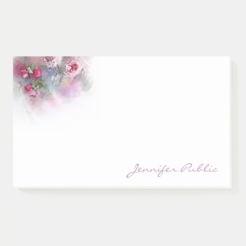 Hand Script Text Template Watercolor Roses Flowers Post_it Notes