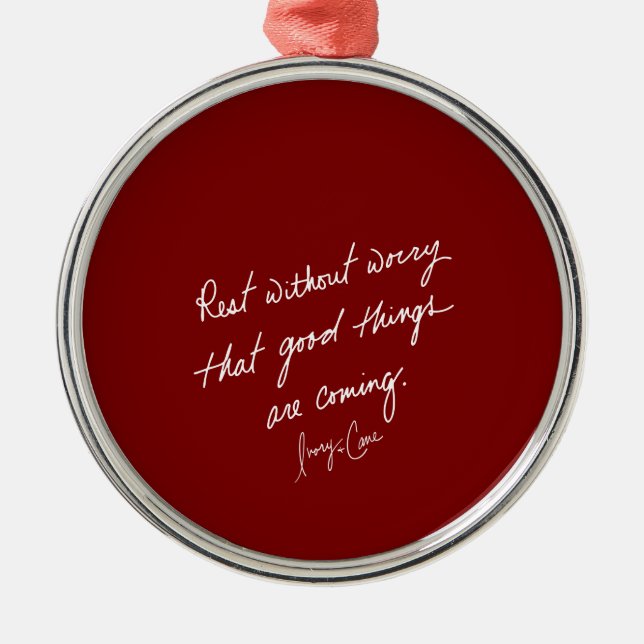 Hand-Scripted Good Things Red Inspirational Metal Ornament (Front)