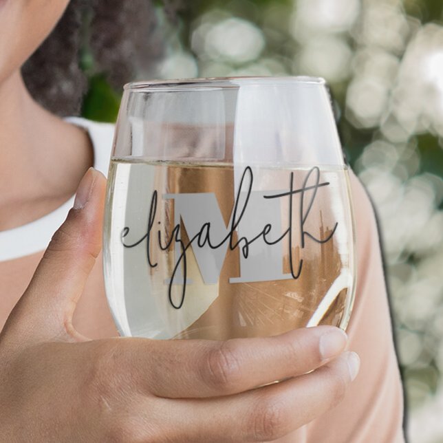 Hand Scripted Name Monogram Stemless Wine Glass (Stemless wine glasses with hand scripted name over silver monogram initial )