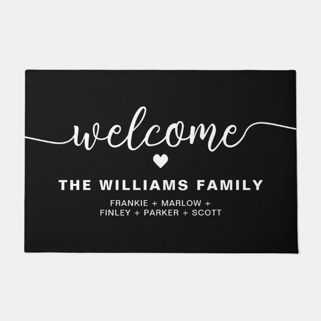 Hand Scripted Personalized Family Name Black Doormat (Front)