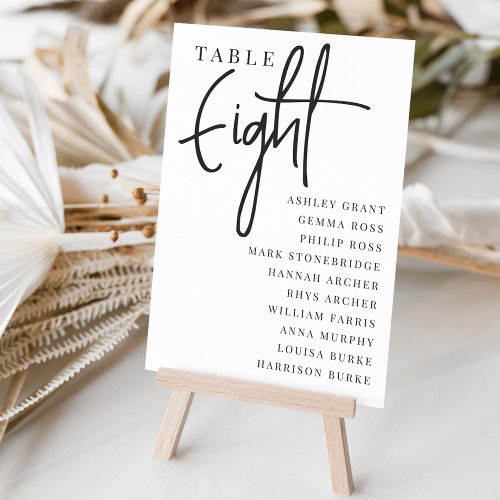 Hand Scripted Table EIGHT  Guest Names Table Number