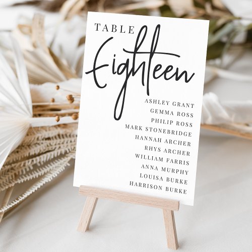 Hand Scripted Table EIGHTEEN  Guest Names Table Number