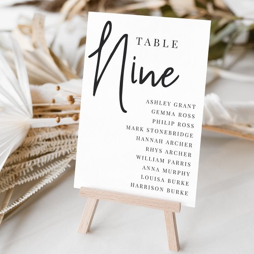 Hand Scripted Table NINE  Guest Names Table Number