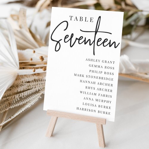 Hand Scripted Table SEVENTEEN  Guest Names Table Number