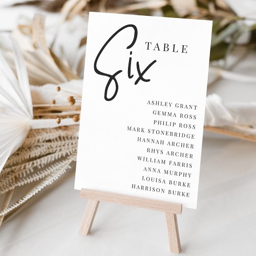 Hand Scripted Table SIX  Guest Names Table Number