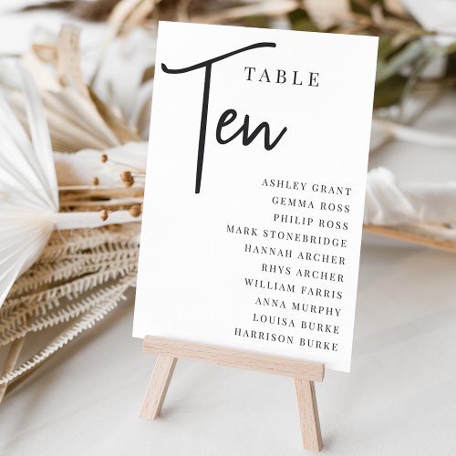 Hand Scripted Table TEN  Guest Names Table Number