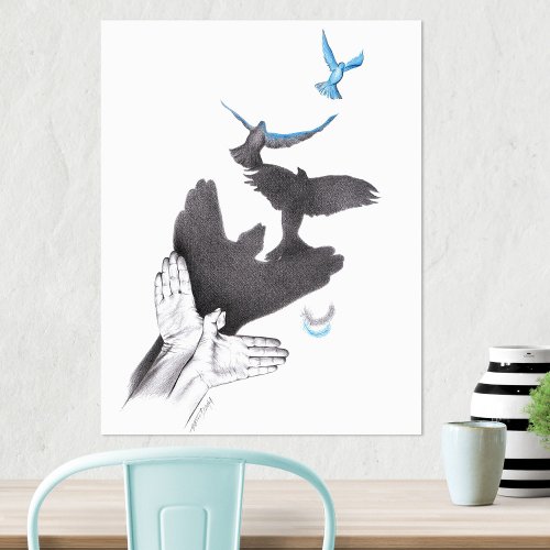 Hand shadow Flying birds Illusion Surreal art Poster