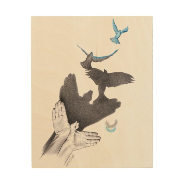 Hand shadow Flying birds Illusion Surreal Wood Wall Art (Front)