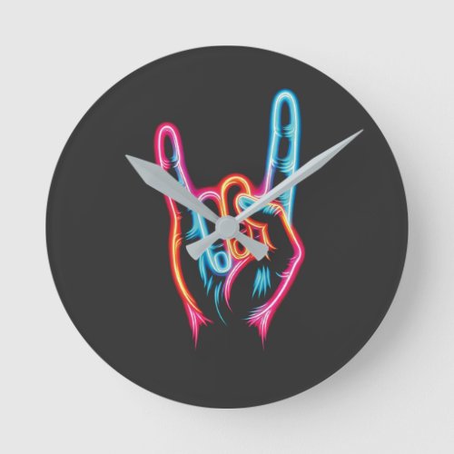 Hand Sign Rock You neon color Round Clock