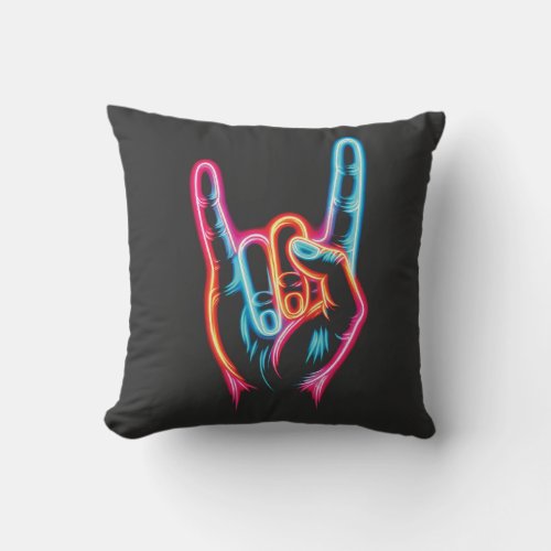 Hand Sign Rock You neon color Throw Pillow