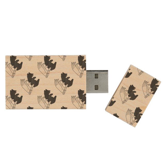 Hand Silhouette Bear Cub Wood Flash Drive (Opened)