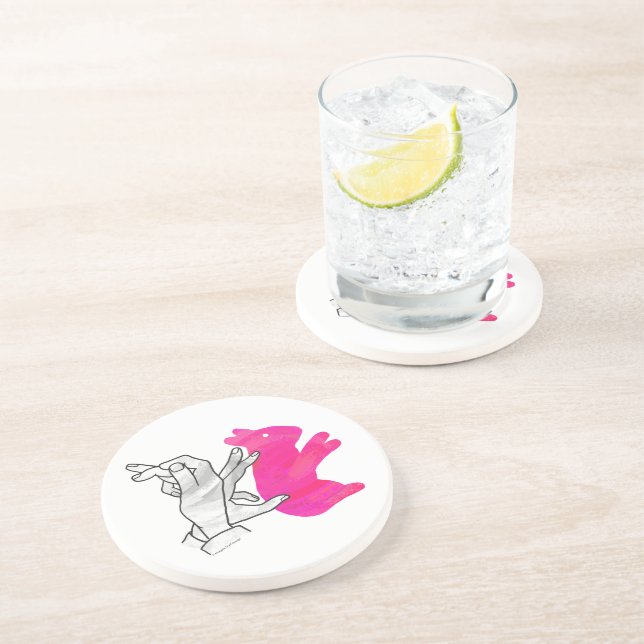 Hand Silhouette Rabbit Pink Sandstone Coaster (Side)