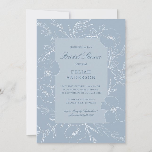 Hand Sketch Peony Dusty Blue Floral Bridal Shower Invitation (Front)