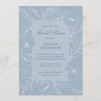 Hand Sketch Peony Dusty Blue Floral Bridal Shower Invitation by ModernMatrimony at Zazzle