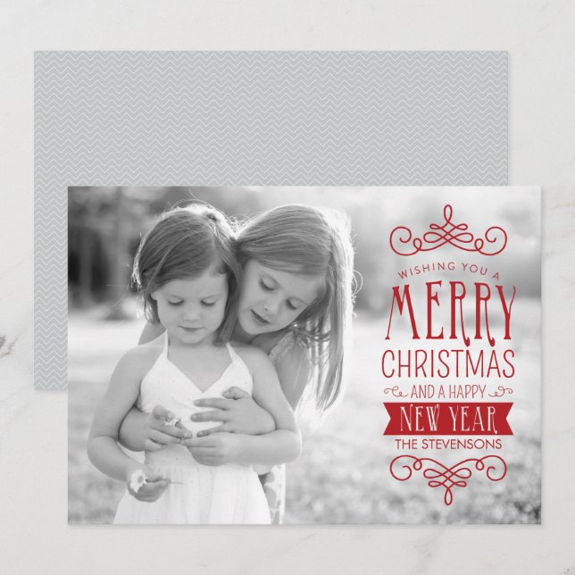 Hand Sketched Banner in Red Holiday Photo Card (Front/Back)