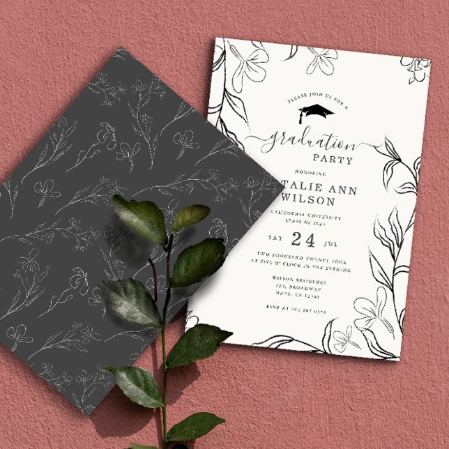 Hand Sketched Delicate Floral Beige Graduation Invitation (Creator Uploaded)