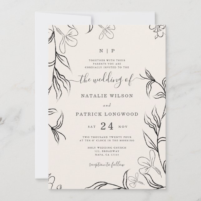 Hand Sketched Delicate Floral Beige Wedding Invitation (Front)