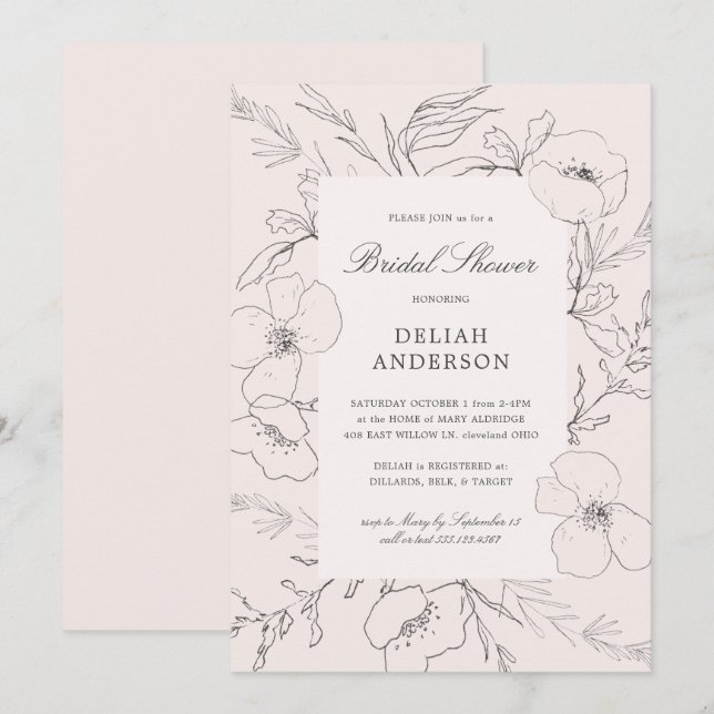 Hand Sketched Peony Blush Floral Bridal Shower Invitation (Front/Back)
