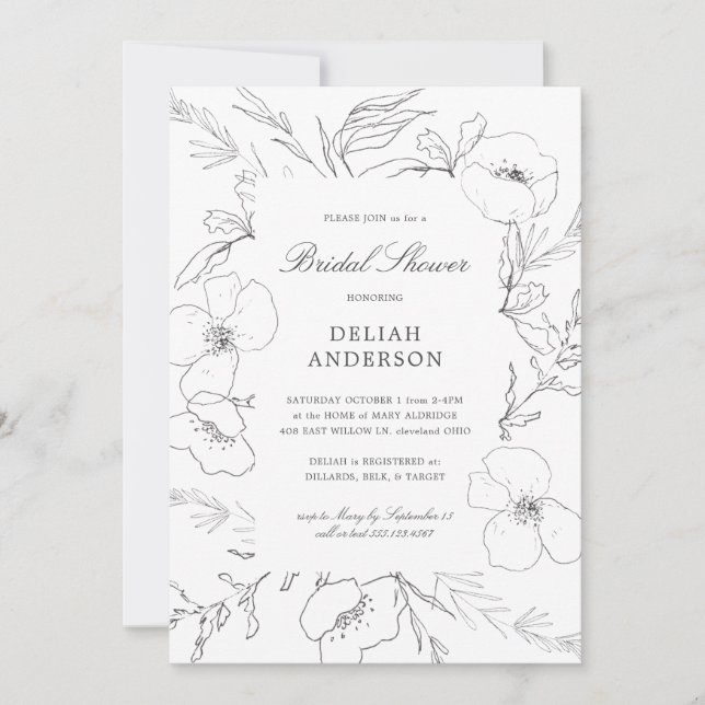 Hand Sketched Peony Floral Bridal Shower Invitation (Front)