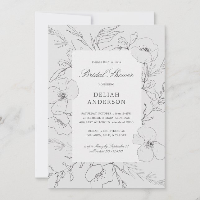 Hand Sketched Peony Gray Floral Bridal Shower Invitation (Front)