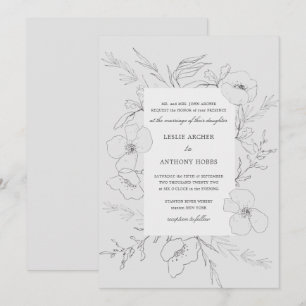 Hand Sketched Peony Gray Wedding Invitation
