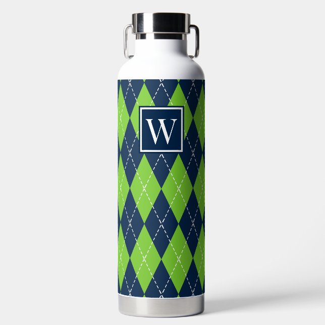 Hand Stitched Argyle - Lime & Navy Monogram Water Bottle (Front)