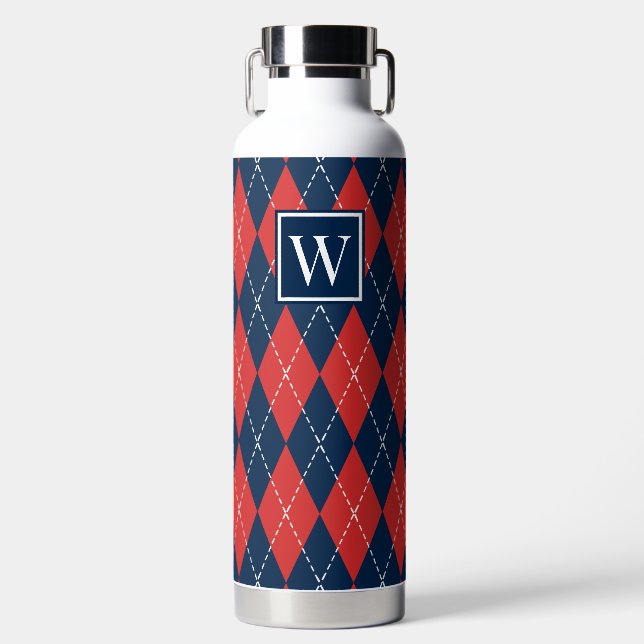 Hand Stitched Argyle - Red White & Navy Monogram Water Bottle (Front)