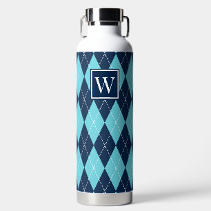 Hand Stitched Argyle - Turquoise & Navy Monogram Water Bottle