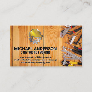 Hand Tools on Wooden Table Construction Logo Business Card