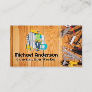Hand Tools on Wooden Table Construction Worker Business Card