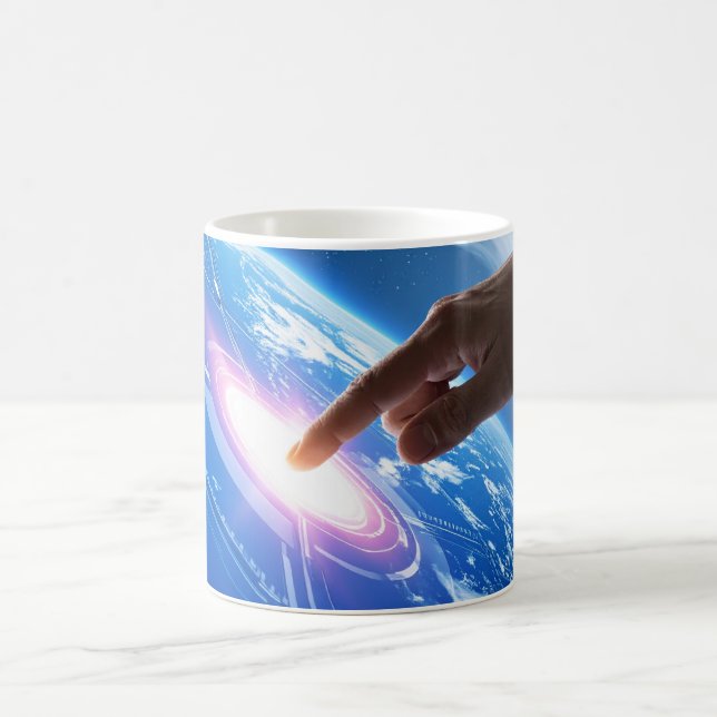 Hand touching earth coffee mug (Center)
