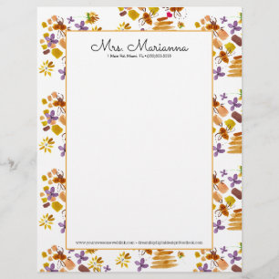 Hand Watercolor Bee Art Botanical Floral Pattern Letterhead