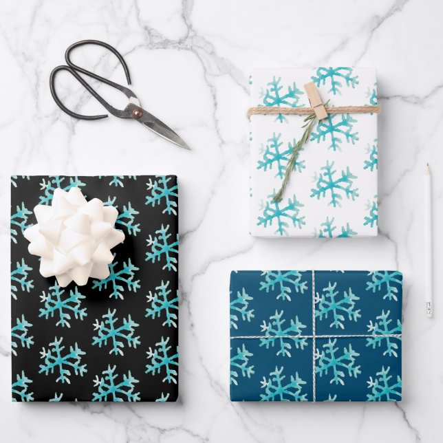 Hand Watercolor Blue Snowflakes Christmas Wrapping Paper Sheets (Front)