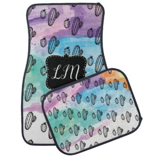Hand Watercolor Cactus Black Monogram Car Floor Mat