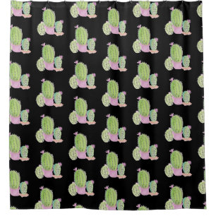 Hand Watercolor Cactus Plant Trio Pink Green Black Shower Curtain