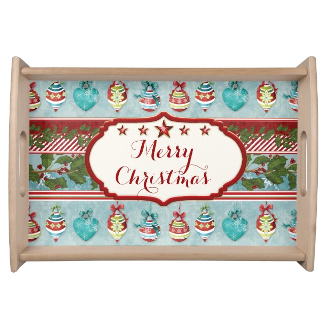 Hand Watercolor Christmas Ornaments Holly Striped Serving Tray (Front)