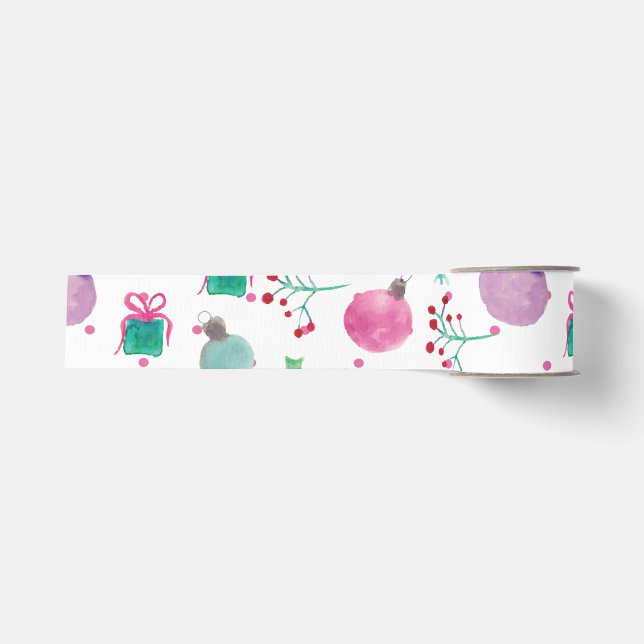 Hand Watercolor Christmas Ornaments Trees White Grosgrain Ribbon (Front)