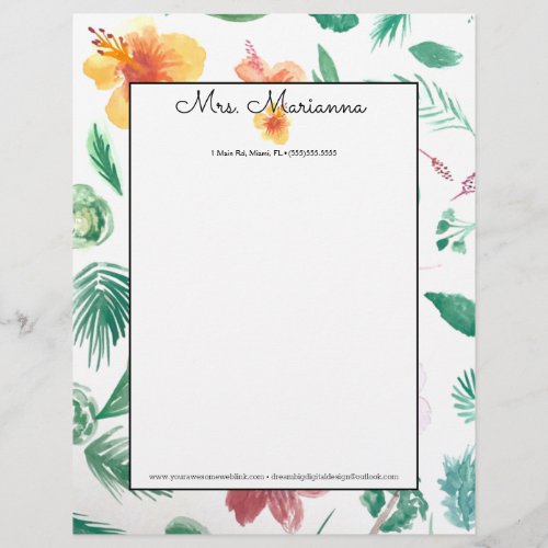 Hand Watercolor Hibiscus Pattern Summer Script Letterhead