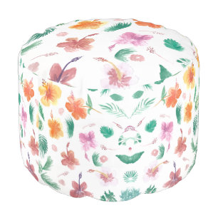 Hand Watercolor Hibiscus Summer Floral Pattern Pouf