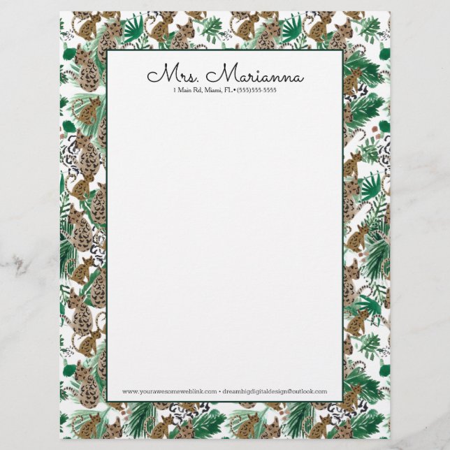 Hand Watercolor Jaguar Leopard Cat Pattern Letterhead (Front)