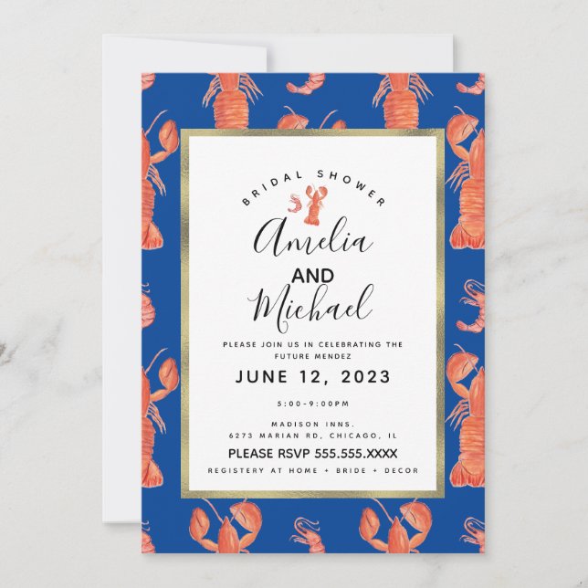 Hand Watercolor Lobster Shrimp Crawfish Bridal Invitation (Front)