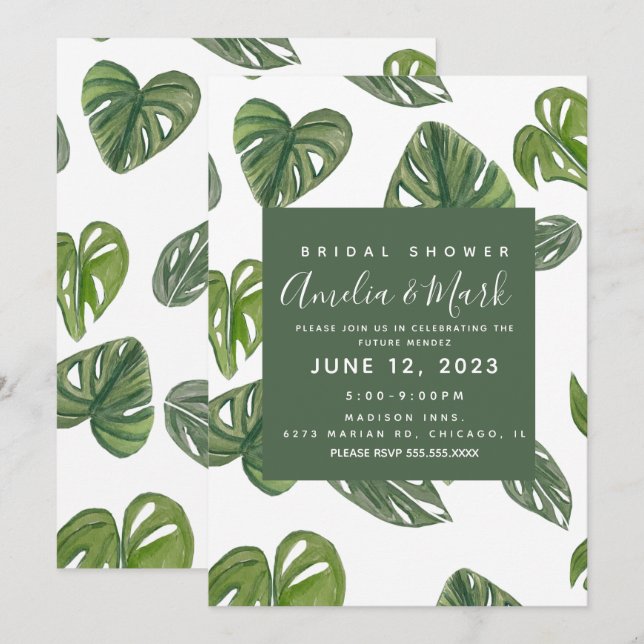 Hand Watercolor Monstera Adansonii Leaf Bridal Invitation (Front/Back)
