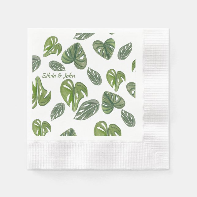 Hand Watercolor Monstera Adansonii Leaf Wedding Napkins (Front)