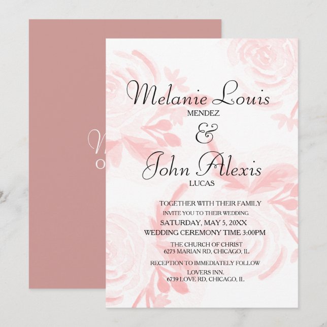 Hand Watercolor Roses Pink Botanical Wedding Invitation (Front/Back)
