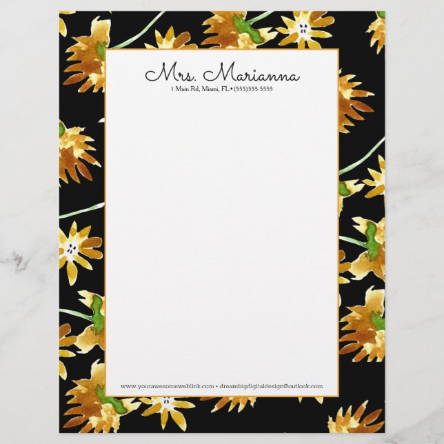 Hand Watercolor Yellow Floral Art Pattern Letterhead (Front)