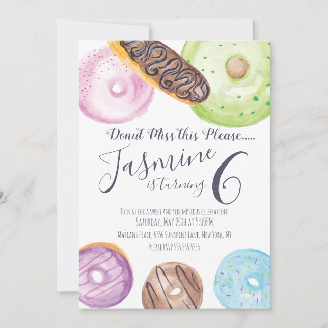 Hand Watercolored Donuts Eclairs Frosted Birthday Invitation (Front)