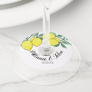 Hand Watercolored Lemon Design - Couple Name Wine Glass Tag
