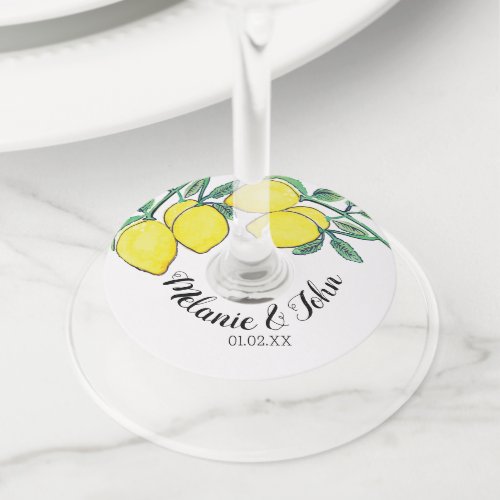 Hand Watercolored Lemon Design  _ Couple Name Wine Glass Tag