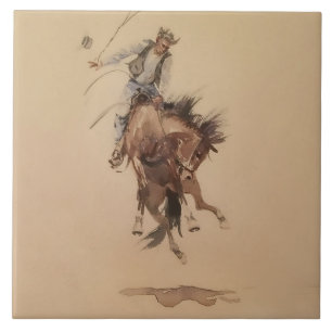 Hand-Whipping a Bronc by Edward Borein Ceramic Tile
