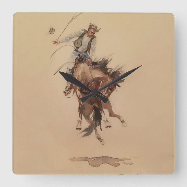 Hand-Whipping a Bronc by Edward Borein Square Wall Clock (Front)